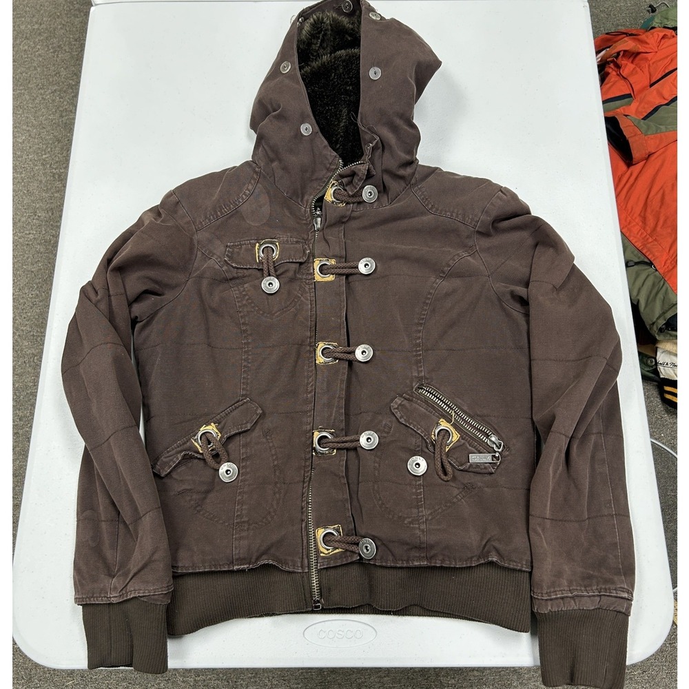 Only Utility Jacket Womens Brown Faux Fur Lined Toggle Hooded Canvas Bomber